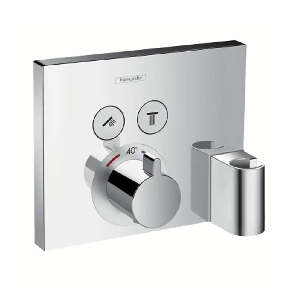 Thermostat für die Dusche von Hansgrohe, mit einer zentralen Regelung, zwei Einstellmöglichkeiten und einem Anschluss für einen Duschschlauch. Chromoberfläche.